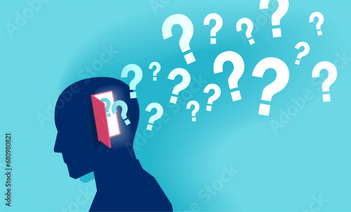 Vector of a human head with question marks flying from head, mental health and memory problem concept