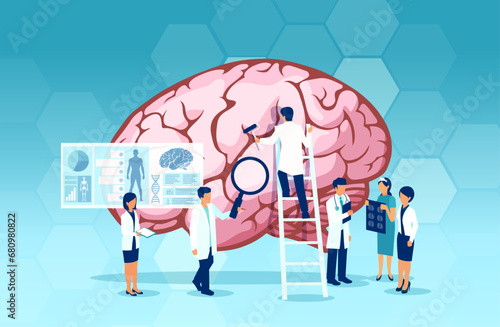 Vector of a group of scientists and doctors study human brain and psychology. Medical neurology research