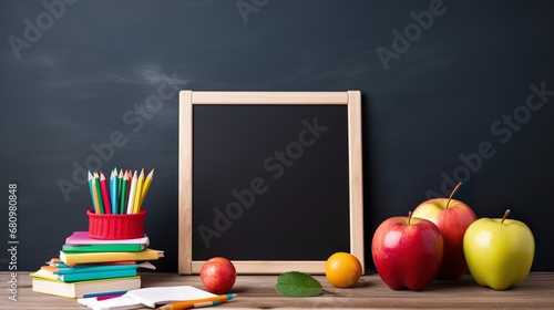 School stuff with copy space on green blackboard. Back to school concept background 3D Rendering backpacks map