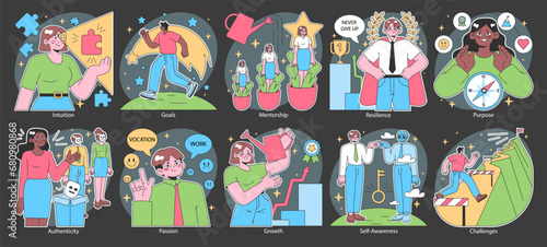 Finding your way in life dark or night set. Diverse character personal development and career paths. Improvement and growth, resilience and self-awareness. Soft skills. Flat vector illustration.