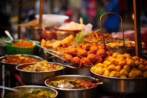 Indian street food, including samosas, chaat, and pakoras photo