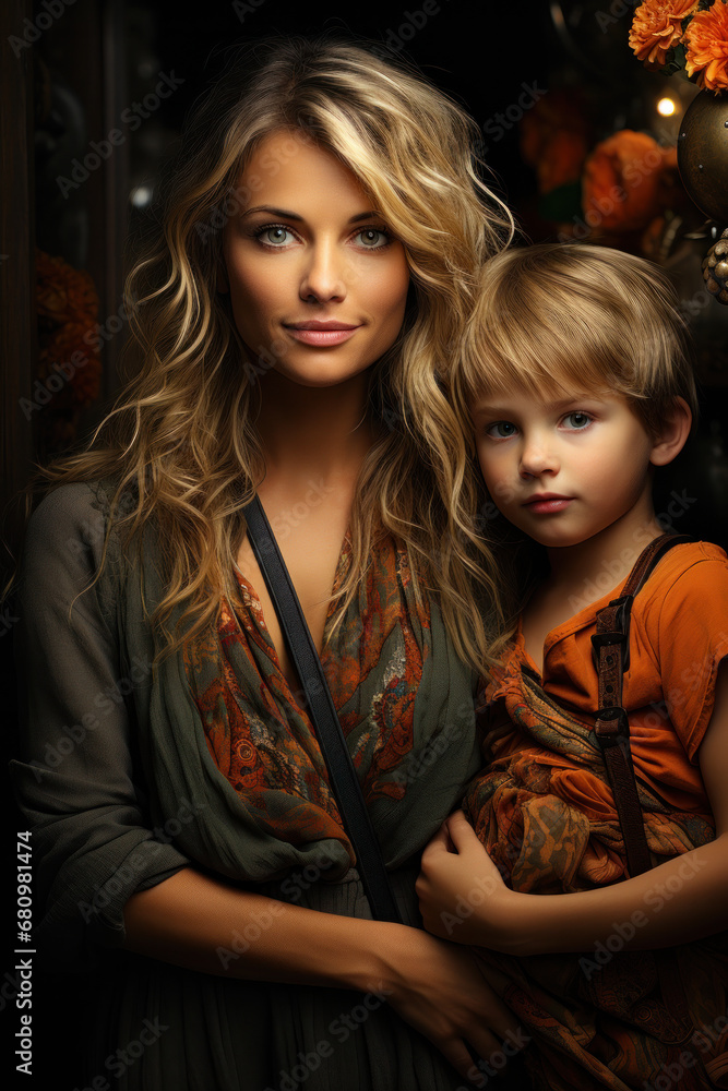 Son being held by Mother in boho style wear and smiling in studio Son being held by Mother in boho style wear and smiling in studio