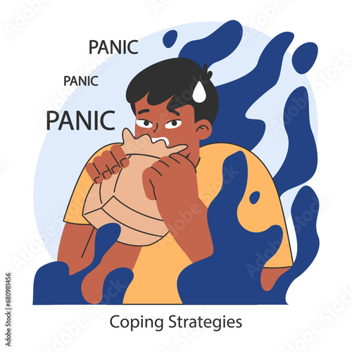Overcoming fears coping strategy. Visual portrayal of panic and effective coping strategies in action. Navigating through acute stress. Flat vector illustration.