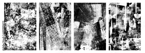Punk grunge distressed poster backgrounds. Overlay poster texture with splatters, scratches, rough halftone pattern. Cyber grange contemporary surface for banners, flyers, templates. Vector illustrati