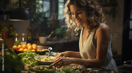 Beautiful young woman is preparing vegetable salad in the kitchen. Healthy Food. Vegan Salad. Diet. Dieting Concept. Healthy Lifestyle. Cooking At Home.