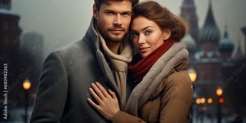 Fototapeta premium Portrait of a Beautiful couple with a Background of a City in Winter