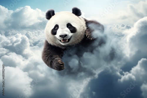 A Playful Panda Bear Soaring Above Fluffy Clouds in the Sky photo