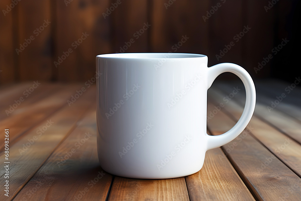 A mockup with clean white coffee cup on a wooden background A mockup with clean white coffee cup on a wooden background