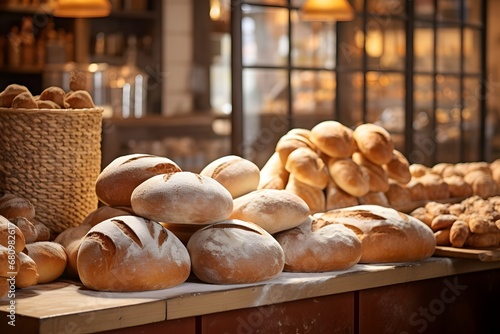 An arrangement of freshly baked bread in a bakery