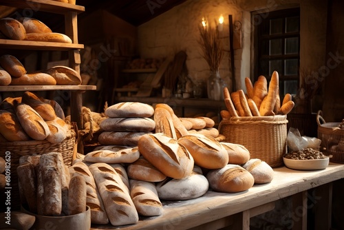 Freshly baked bread arranged on wooden shelves