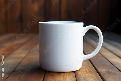 A mockup with clean white coffee cup on a wooden background