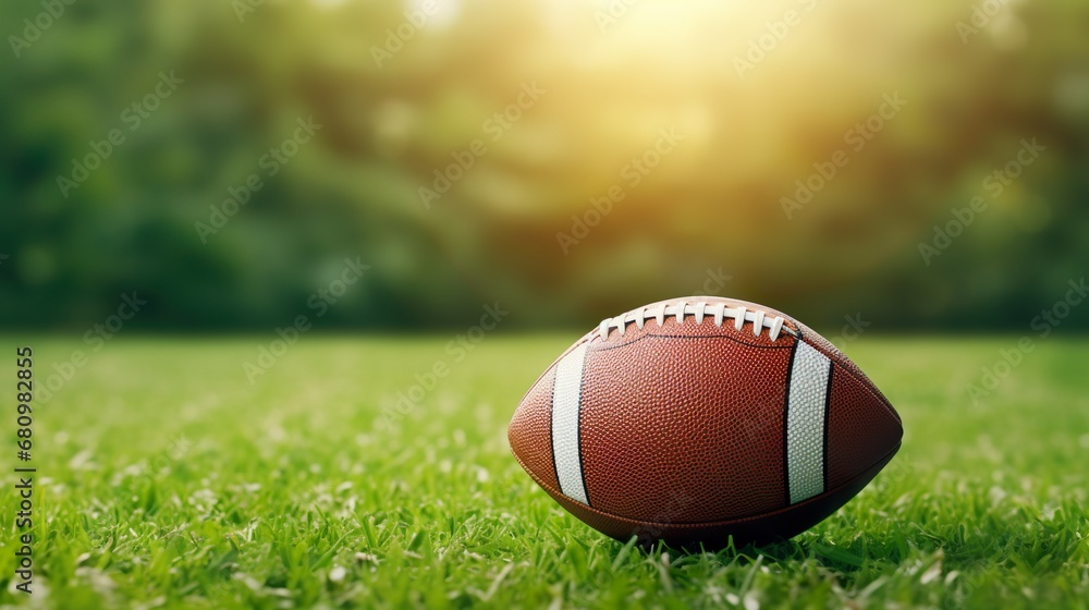 Close up of American football ball on green playing field Close up of American football ball on green playing field