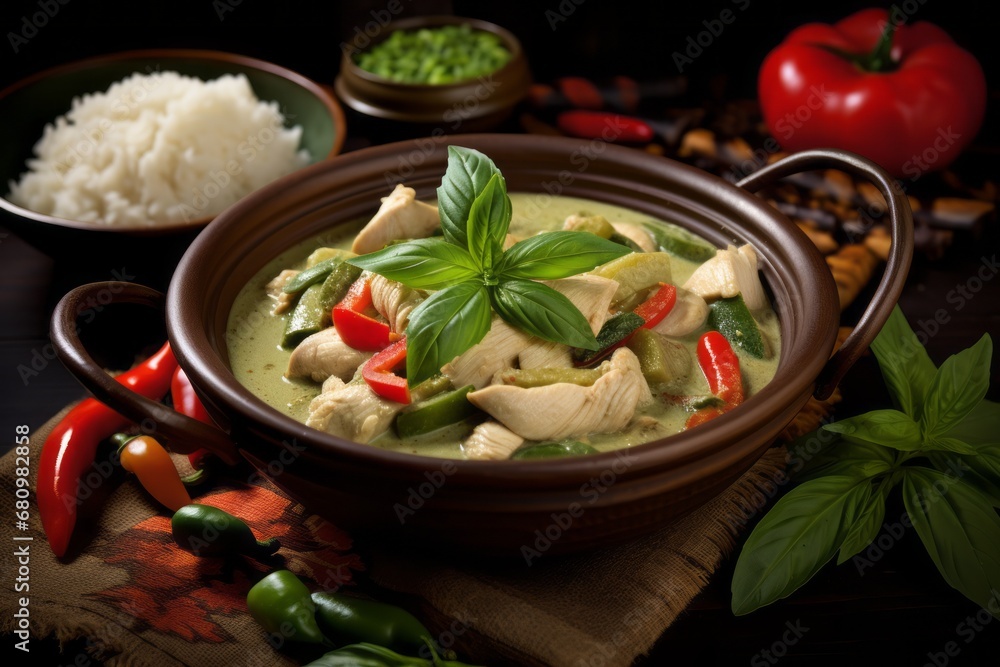 Traditional Indian green chicken curry with rice and variety of spices and vegetables Traditional Indian green chicken curry with rice and variety of spices and vegetables