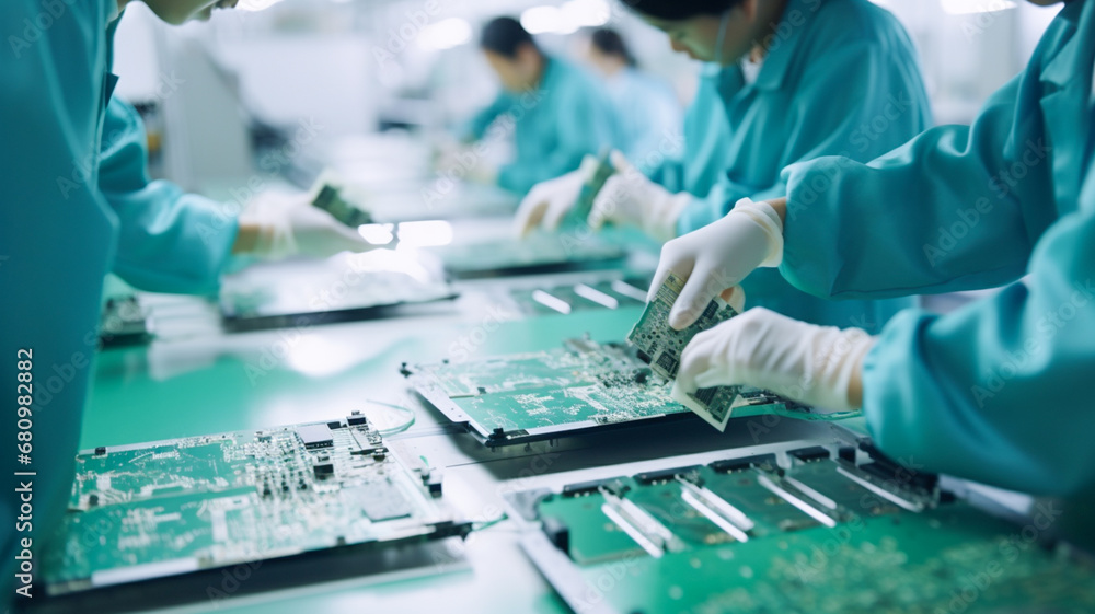 Closeup shot of hands, electronics factory workers assembling circuit boards by hand while it stands on the assembly line.
 - obrazy, fototapety, plakaty 