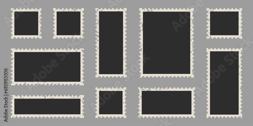 Blank Photo Frame, Vintage Photograph Album. Old Photo Paper Set With Grunge Texture Border. Picture, Retro Black Photography Card Collection. Isolated Vector Illustration