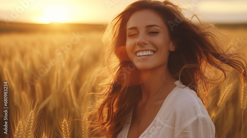 Beautiful young woman in the wheat field sunset