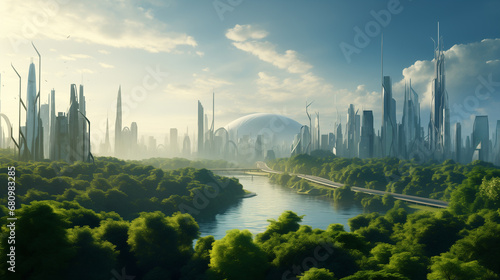 A city full of greenery, skyscrapers in the modern city of the future.