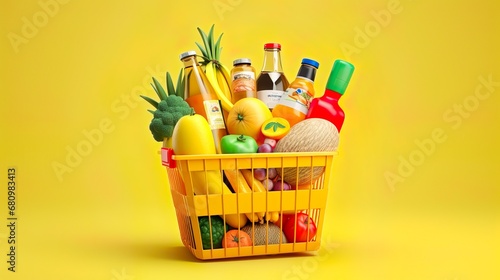 Basket with foods on yellow background. Supermarket shopping concept. 3d rendering photo