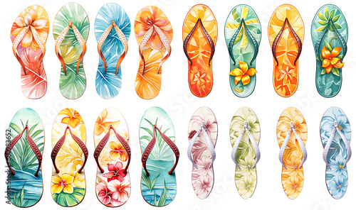 Watercolor floral flip-flops set on a transparent background photo