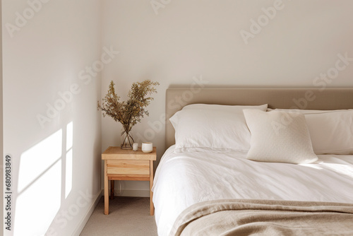 Wooden bedroom interior, bed with linens and pillow, side view, carpet on hardwood floor © Jezper