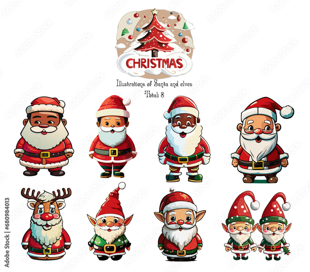 Fototapeta premium Joyful Santa and his merry elves prepare gifts for Christmas - perfect Christmas illustrations for holiday cards, decorations, and more