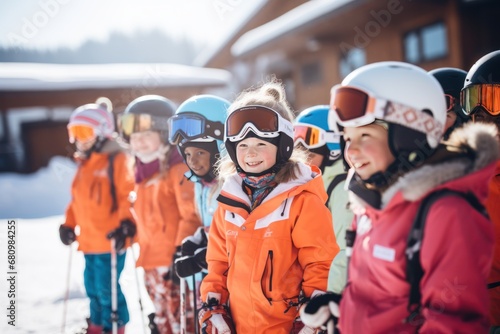 Winter sport, ski school children hear their coach. Children learning how to ski . Ski holiday weekend. Happy kids. Outdoors. photo