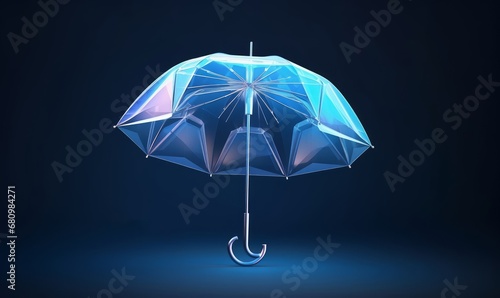 Umbrella shield. Low poly wireframe style. The concept of protection and isolation from external risk factors. Polygonal abstract isolated on blue background, Generative AI photo