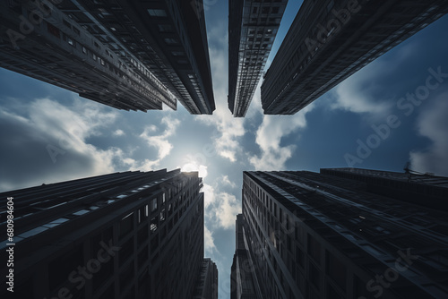 Photograph of the sky among tall buildings in a modern city.