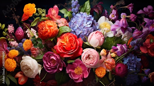Beautiful, vivid, colorful mixed flower bouquet still life detail photo
