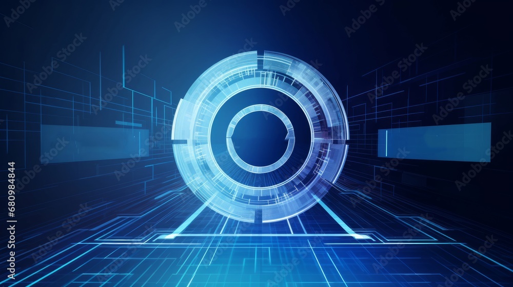 Vision target on a blue background. Business mission concept or goal achievement in a futuristic polygonal style. Digital path abstract AI
