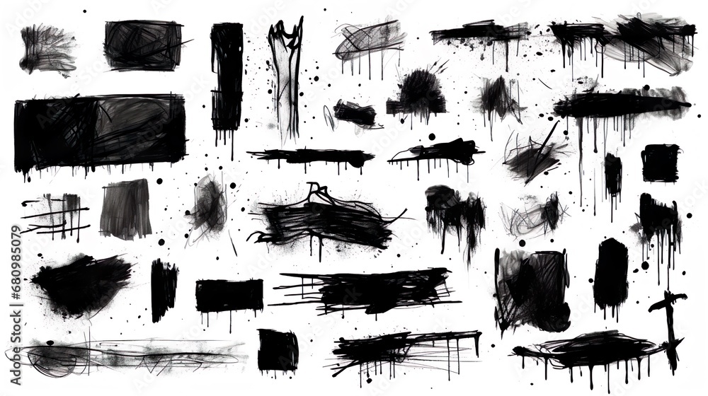 abstract black ink paint watercolor stain illustration. Aquarelle background spot isolated set