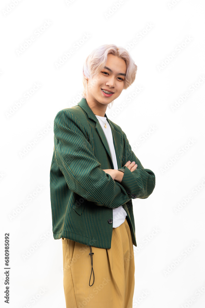Green informal business suit. Fashion portrait Asian young man. model, clothing and cosmetics. Young male model fashion lifestyle in fashionable clothing isolated on white background Green informal business suit. Fashion portrait Asian young man. model, clothing and cosmetics. Young male model fashion lifestyle in fashionable clothing isolated on white background