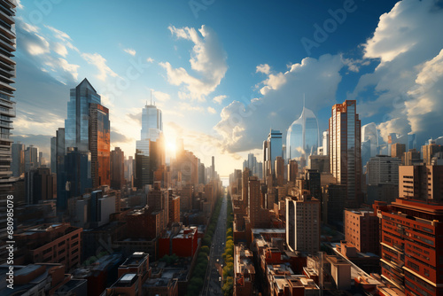 Photograph of the sky among tall buildings in a modern city.