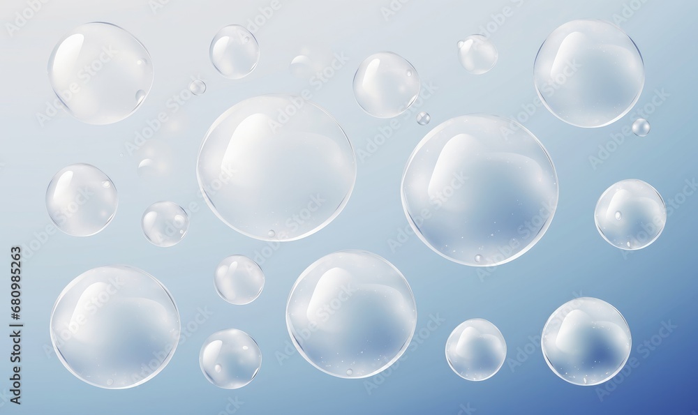 Water bubbles on white background  illustration. A set of air bubbles under water of different sizes. Realistic light effect of fizzing soda and oxygen, Generative AI
