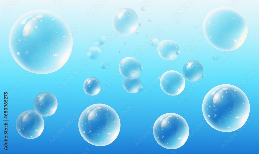 Water bubbles on white background  illustration. A set of air bubbles under water of different sizes. Realistic light effect of fizzing soda and oxygen, Generative AI