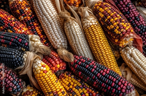 Colorful corn market stand maize. Organic nature farm harvest shop. Generate Ai