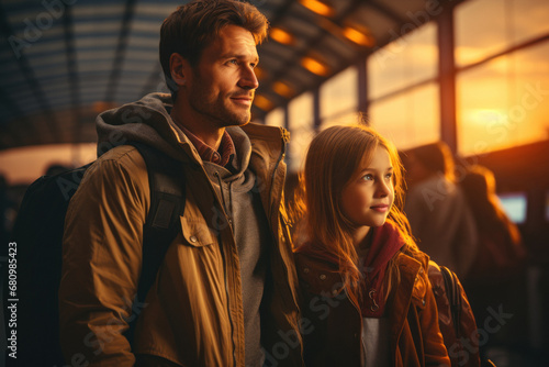 Young happy Caucasian family at airport, subway, train station, or shopping mall © sofiko14