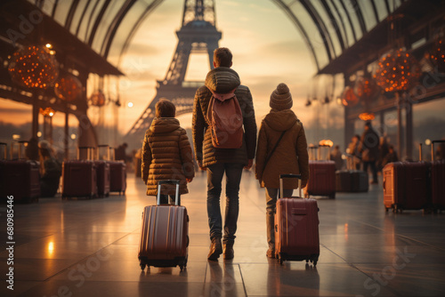 Father and two childre with luggage against the background of Eiffel tower in airport. photo