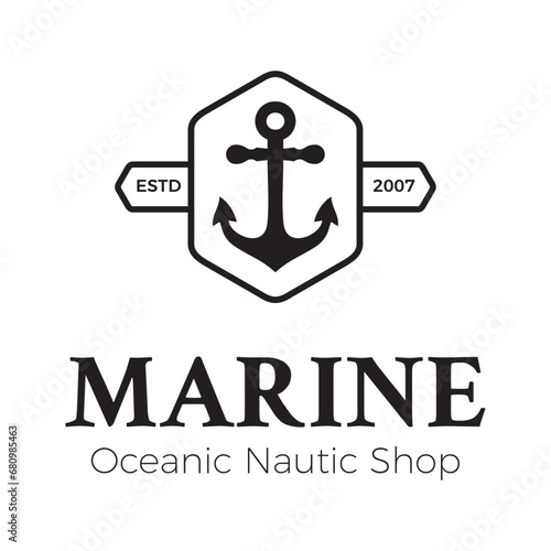 The Anchor Logo Company Vintage badge design in black and white color. Marine, sailing, cruise logo or label badge. Nautical theme emblem