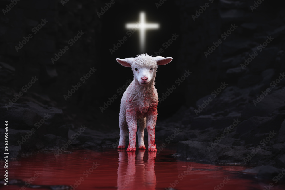 The blood of the lamb - Divine Atonement - Lamb and Cross in Harmony - Eucharistic Grace - The Lamb's Spiritual Offering - obrazy, fototapety, plakaty 