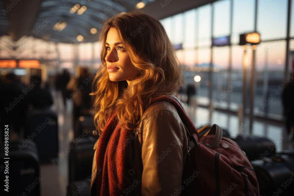 Young happy Caucasian woman at airport, subway, train station, or shopping mall Young happy Caucasian woman at airport, subway, train station, or shopping mall