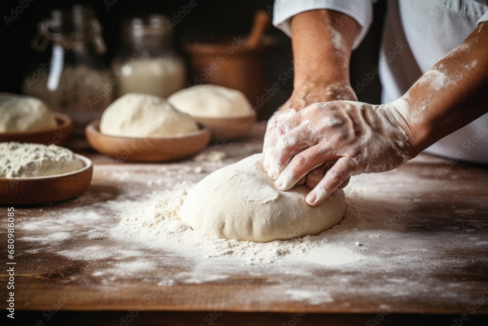 Gently rolling out bread dough by hand on a table, illustrating the artisanal and hands-on approach to bread preparation Gently rolling out bread dough by hand on a table, illustrating the artisanal and hands-on approach to bread preparation