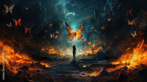 Fantasy scene with a woman and a butterfly. Fairies of world with lights and ethereal animals.