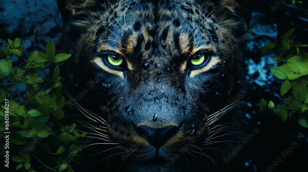 Gros plan, zoom sur une panthère noire dans la nature, avec feuillage. Animal, félin, jaguar, léopard. Conception et création graphique. Gros plan, zoom sur une panthère noire dans la nature, avec feuillage. Animal, félin, jaguar, léopard. Conception et création graphique.