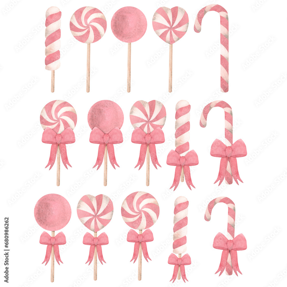 A set of watercolor Christmas lollipops with a red bow, New Year's sweets in red and white. isolate on a white background, illustration. Template for the design of printing, postcards, textiles, print