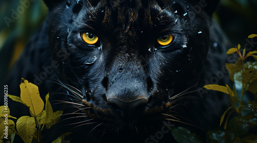 Gros plan, zoom sur une panthère noire dans la nature, avec feuillage. Animal, félin, jaguar, léopard. Conception et création graphique. photo
