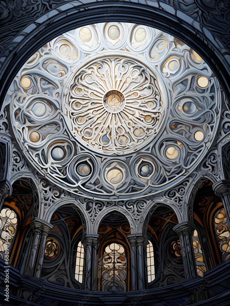 A Circular Ceiling With Many Windows - The metallic silver pattern of a dome