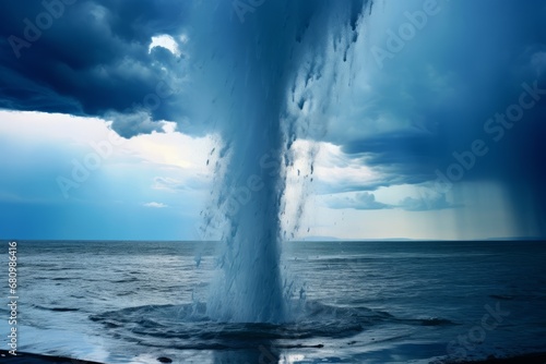 A waterspout tornado lifting water jets from the ocean surface photo