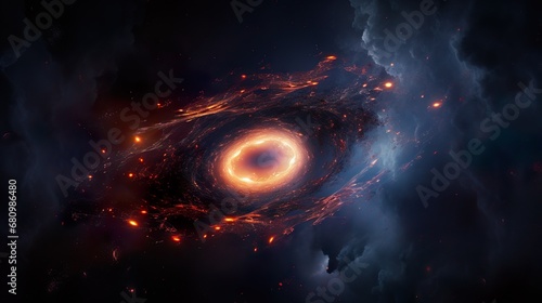 Space background. black hole on reflection surface with colorful fractal nebula. Digital painting, 3D rendering
