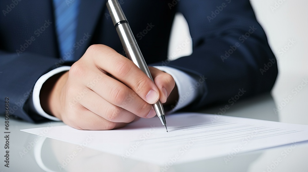 A professional businessman in a suit signing a contract, symbolizing success and legal agreements in a corporate office setting. A professional businessman in a suit signing a contract, symbolizing success and legal agreements in a corporate office setting.